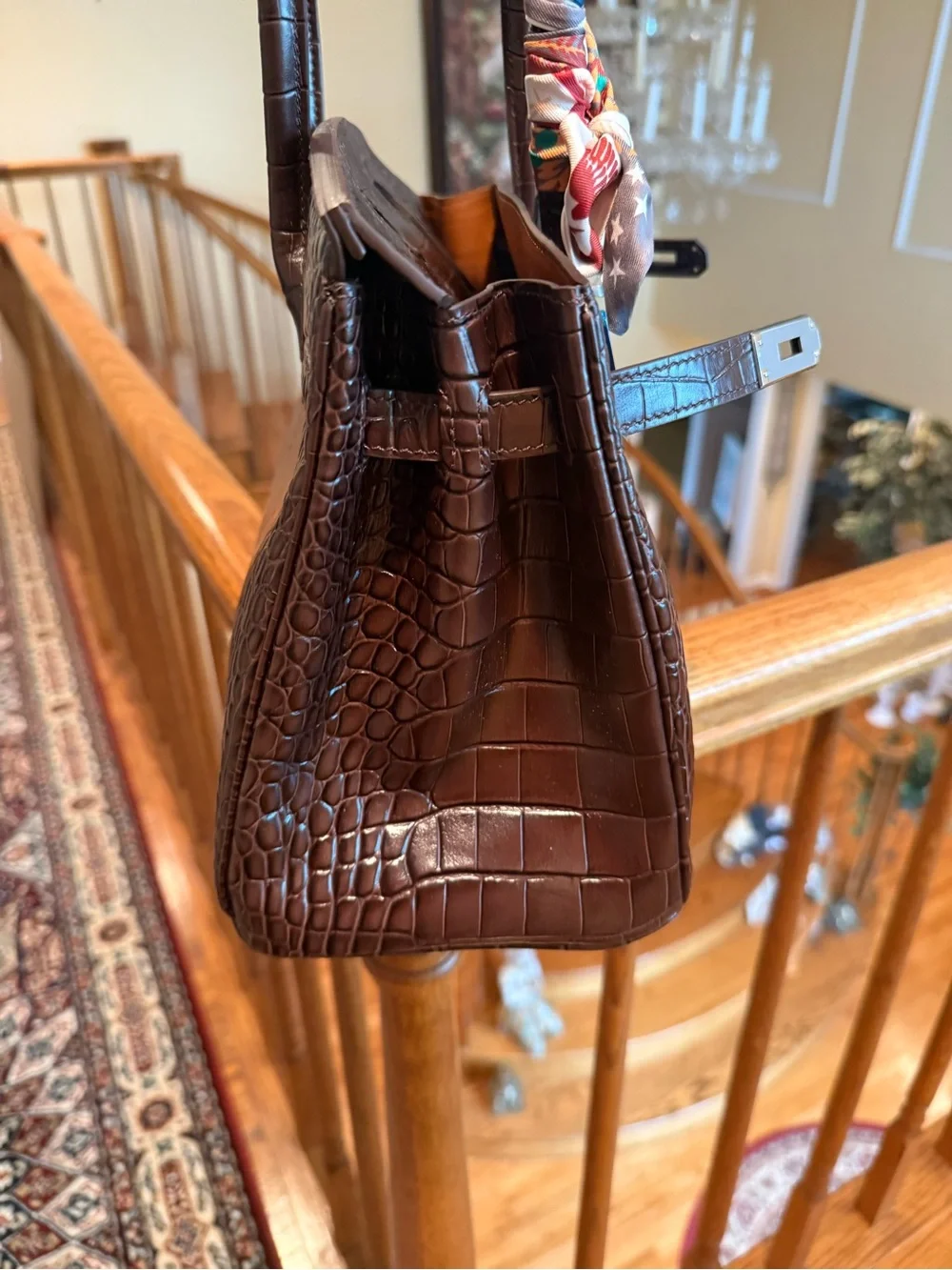 Structured Croc-Embossed Top-Handle Tote in Dark Brown